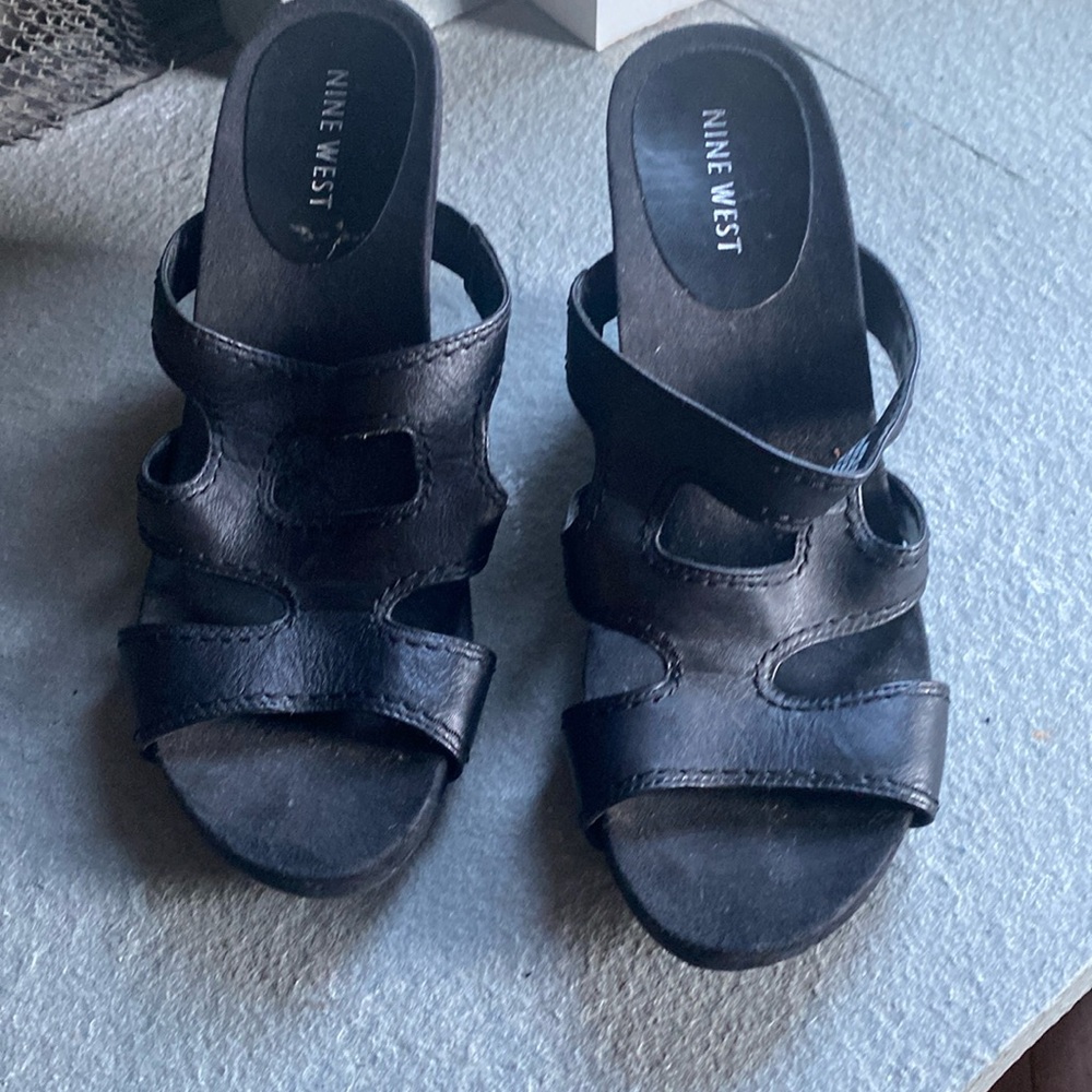 Nine West black Grecian inspired wedges.